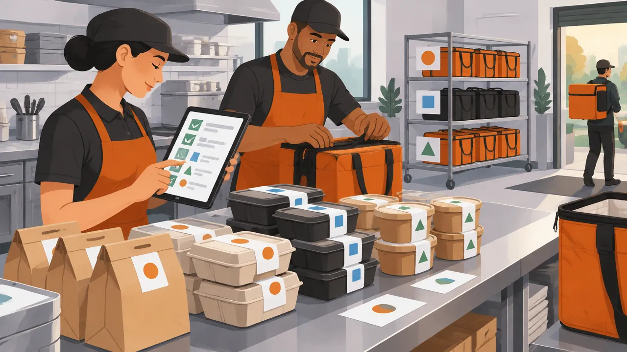 Equipe conferindo embalagens e separando pedidos grandes de delivery por lote antes da saída