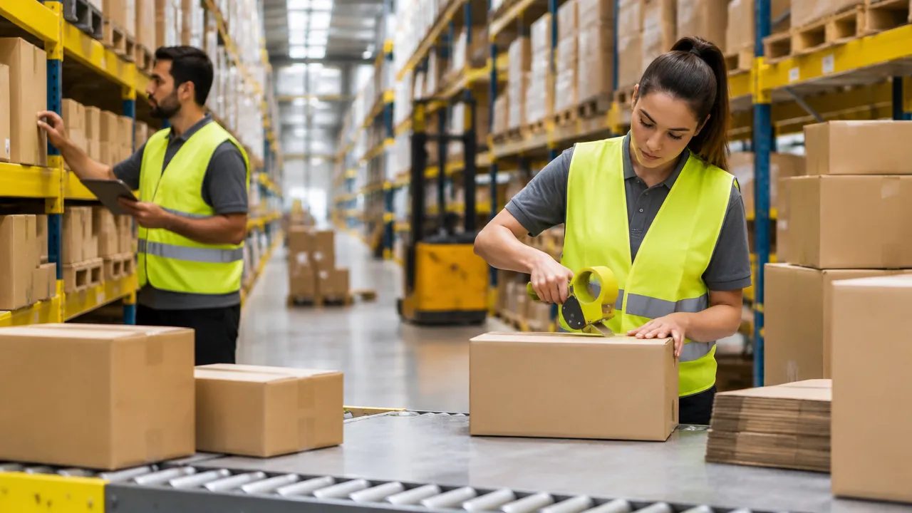Equipe conferindo estoque e preparando pedidos em um centro de distribuição para marketplace