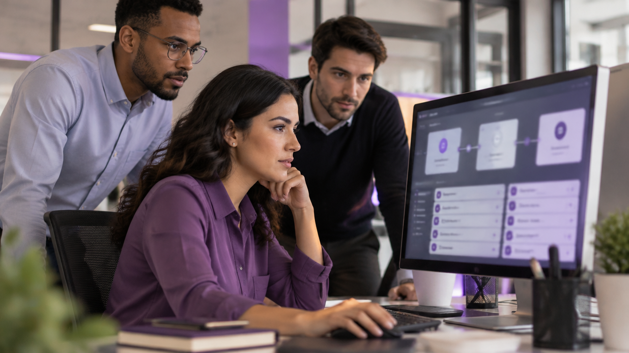 Equipe contábil revisa um lote de operações digitais em fluxo de validação para emissão fiscal.