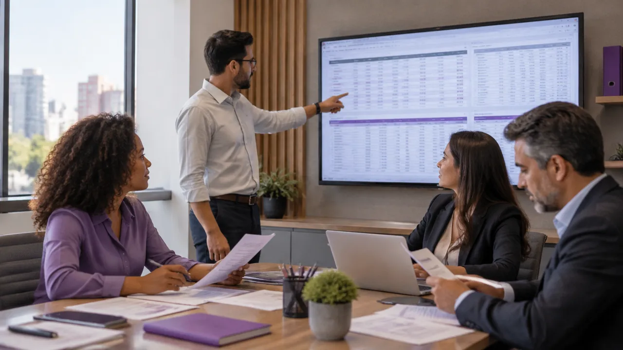 Equipe contábil revisando dados fiscais e documentos digitais em colaboração