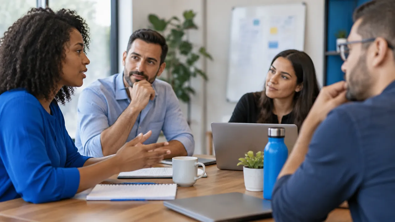 Equipe conversa com atenção para reconhecer emoções e avaliar uma decisão de projeto