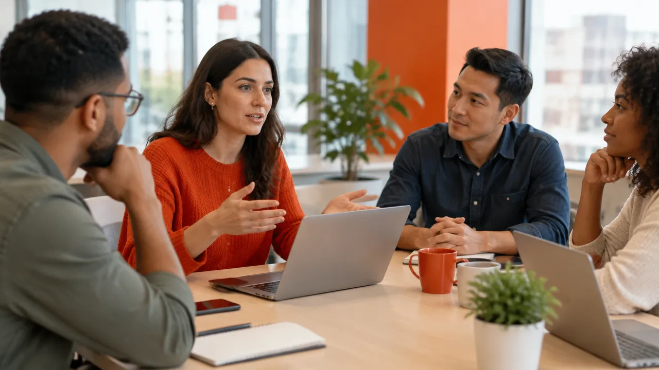 Equipe conversa presencialmente para alinhar horários e expectativas de resposta nas ferramentas digitais.