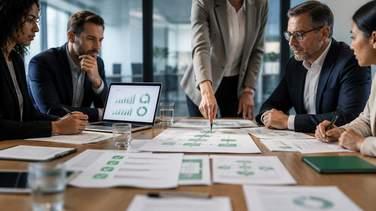 Equipe corporativa analisando documentos e checklist para certificação ISO em reunião estratégica