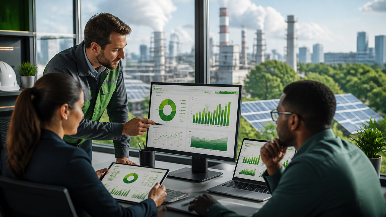 Equipe corporativa analisando indicadores de emissões e gestão de gases de efeito estufa