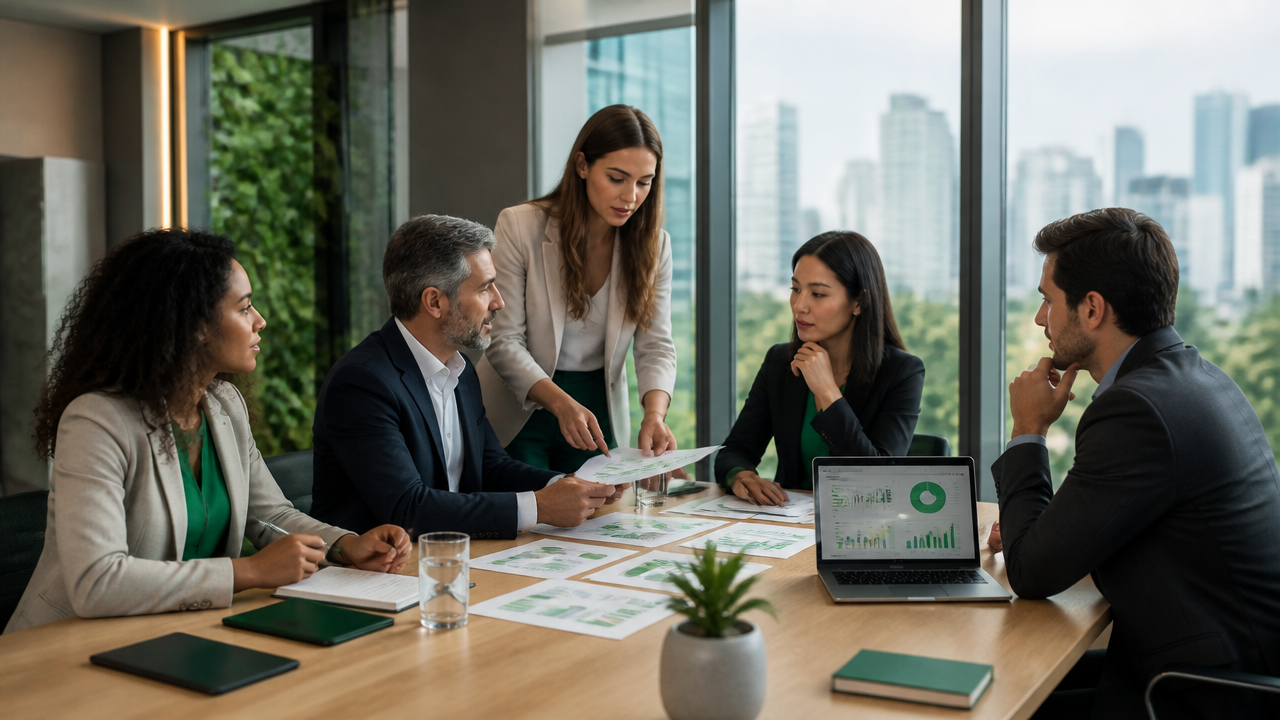 Equipe corporativa analisando relatórios de sustentabilidade e clima em reunião estratégica