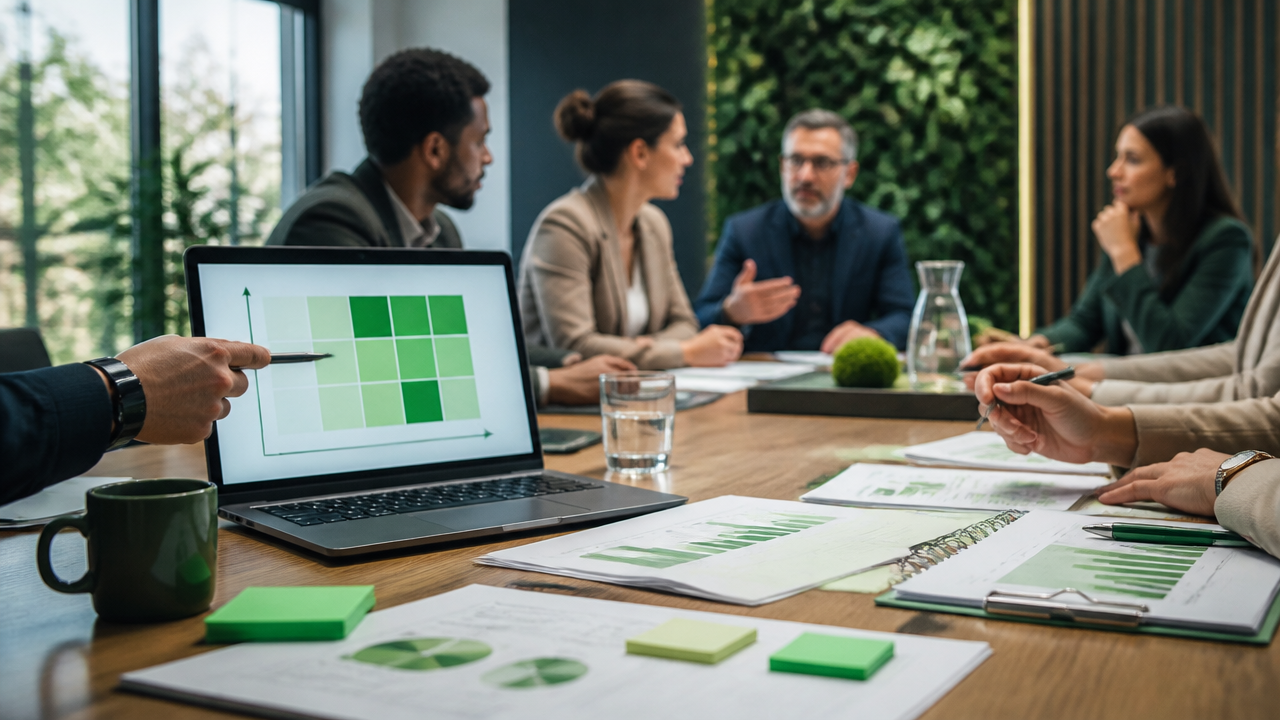 Equipe corporativa analisando uma matriz de materialidade ESG em reunião estratégica