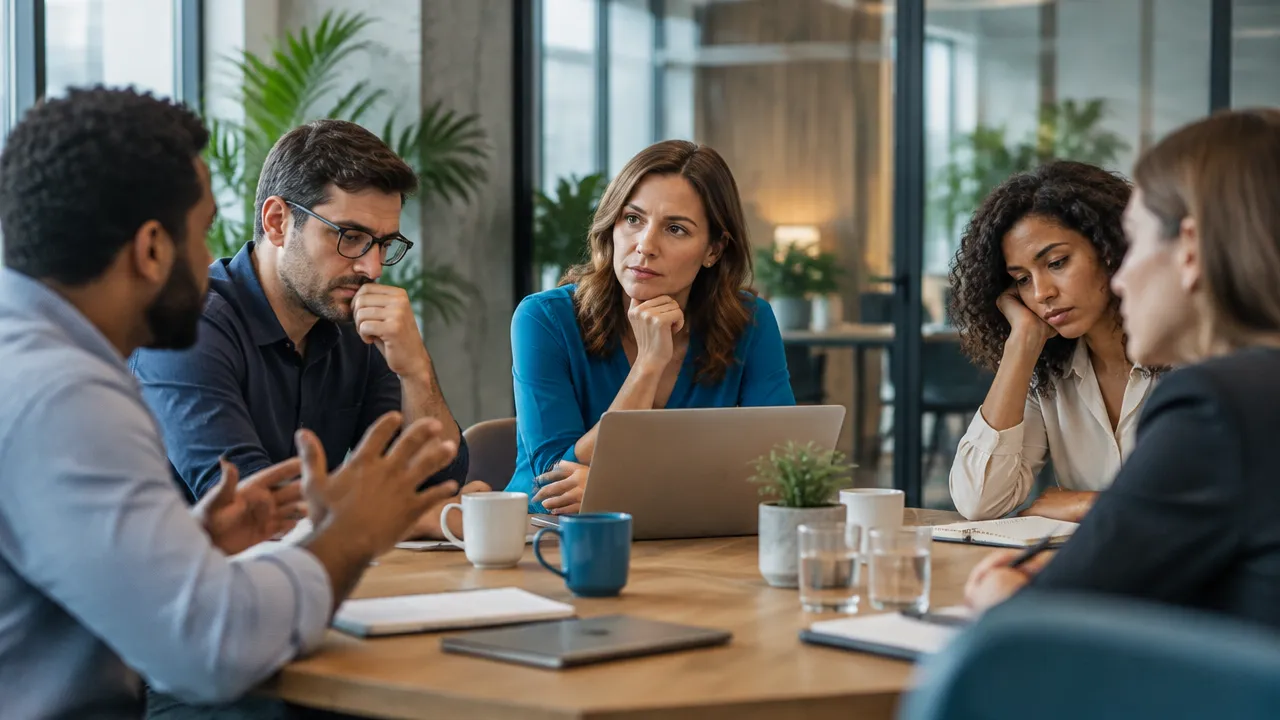 Equipe corporativa em reunião, com uma facilitadora observando tensões emocionais e padrões de comunicação no trabalho