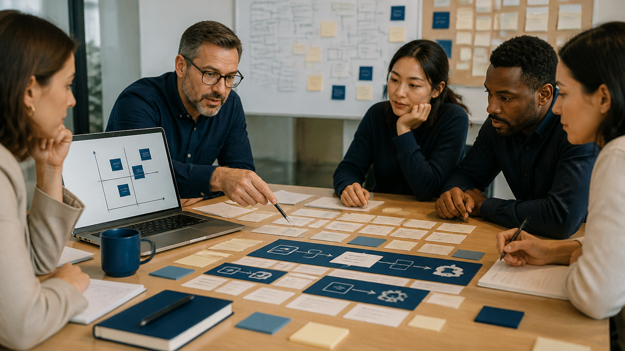 Equipe corporativa priorizando casos de uso de inteligência artificial em workshop estratégico