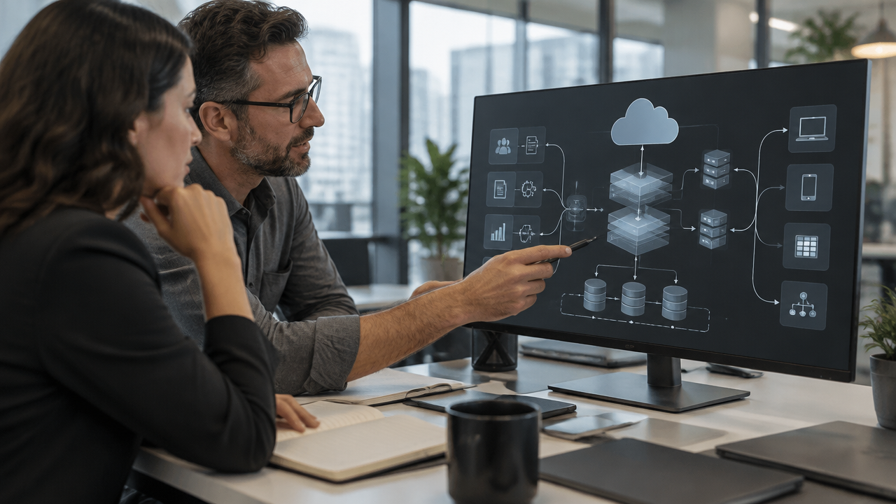 Equipe corporativa revisa as camadas de dados, integrações e infraestrutura que compõem o investimento em IA.