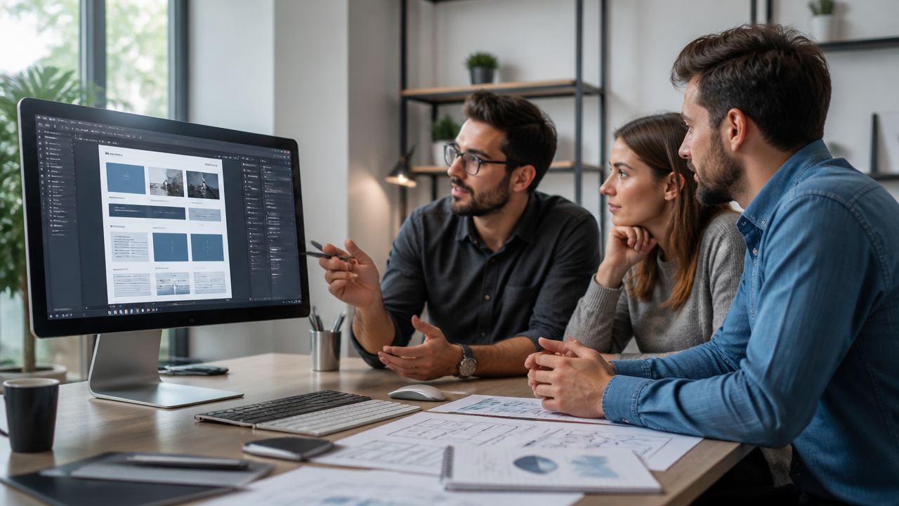 Equipe de agência criando uma landing page original em um editor visual, com foco em segurança e performance.