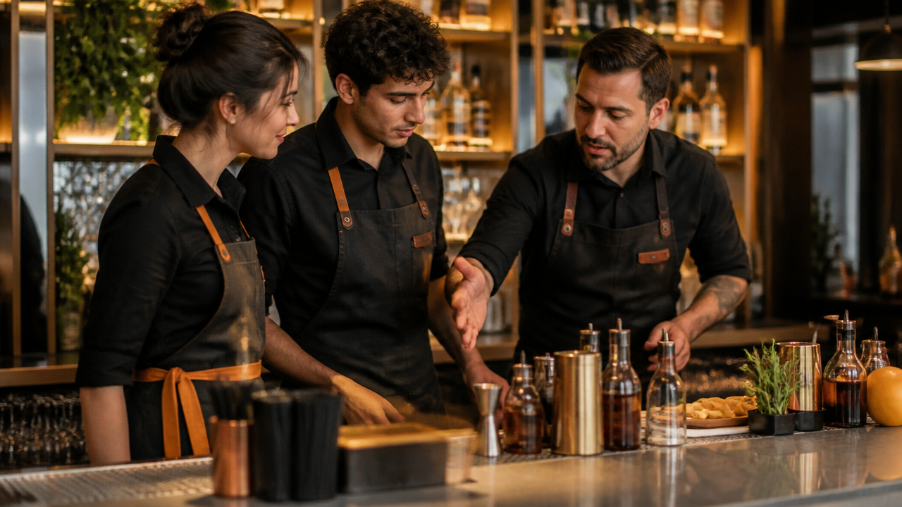 Equipe de bar em treinamento prático atrás do balcão com estação organizada