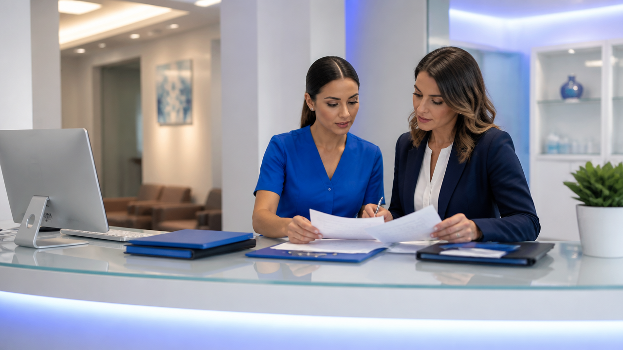 Equipe de clínica analisando fluxo financeiro e documentos fiscais em ambiente de saúde