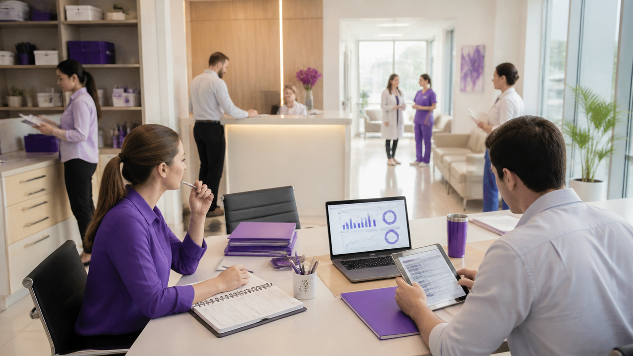Equipe de clínica analisando operação integrada entre atendimento, agenda, prontuário e financeiro