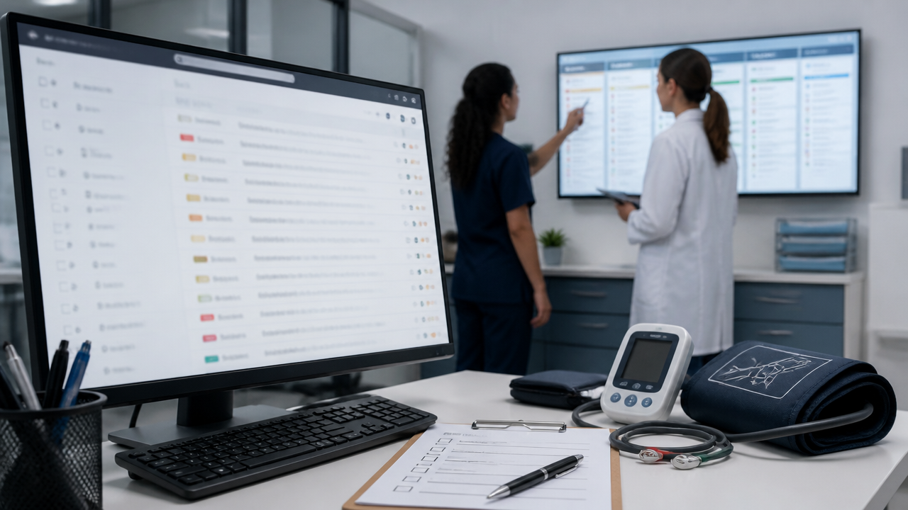 Equipe de clínica cardiológica organizando exames enquanto substitui o e-mail por um fluxo digital com checklist e status