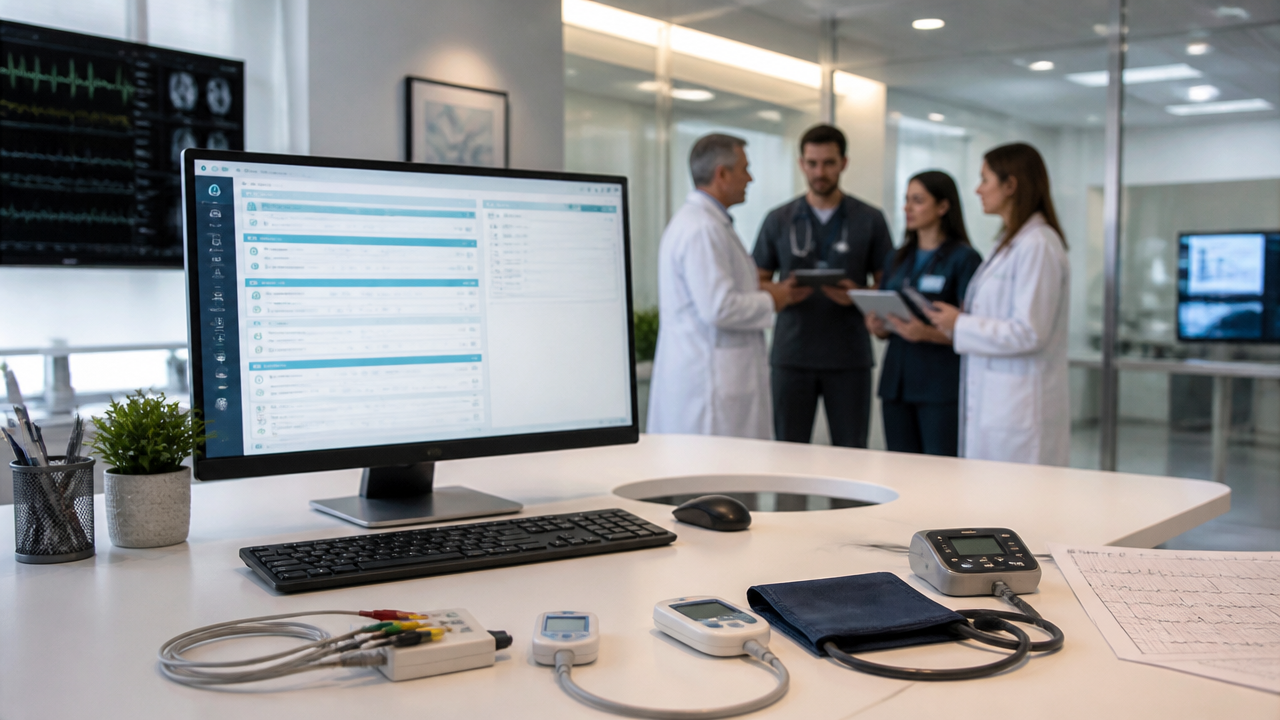 Equipe de clínica cardiológica organizando o fluxo digital de exames com equipamentos de ECG, Holter e MAPA ao fundo