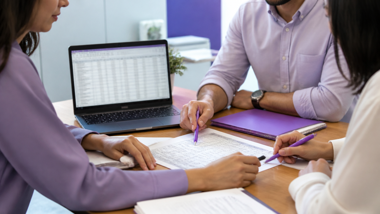 Equipe de clínica conferindo checklist e dados de pacientes antes da implantação de um novo sistema.