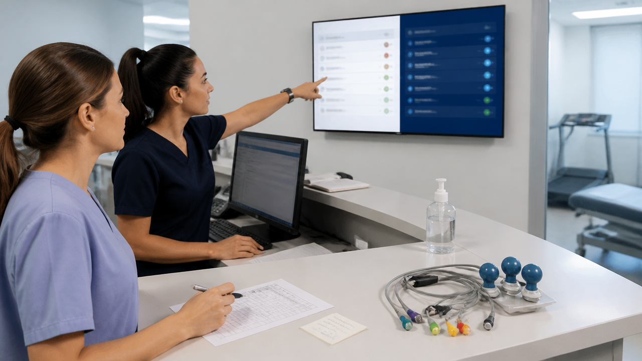 Equipe de clínica de cardiologia acompanhando pendências e status de exames em painel digital