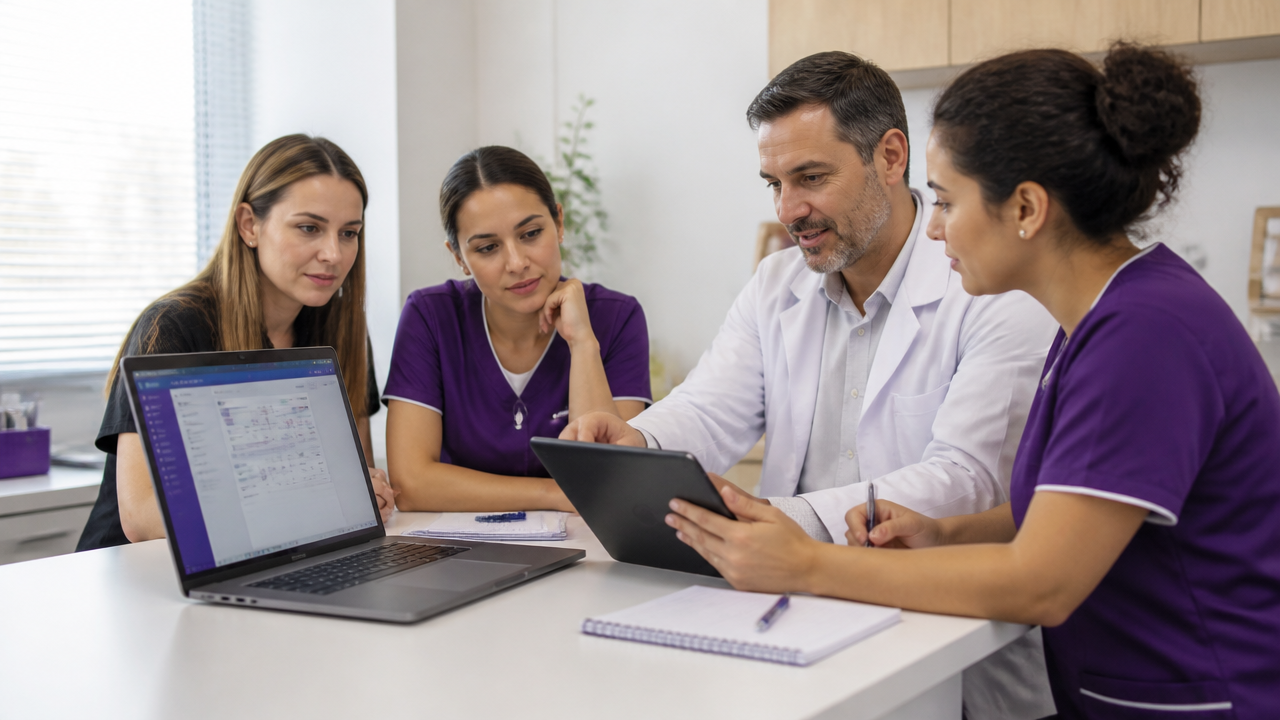 Equipe de clínica em treinamento para usar sistema de prontuário eletrônico