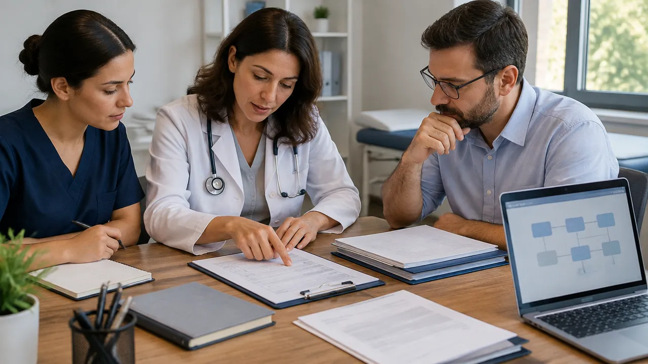 Equipe de clínica médica revisa lista de controles e documentos em reunião