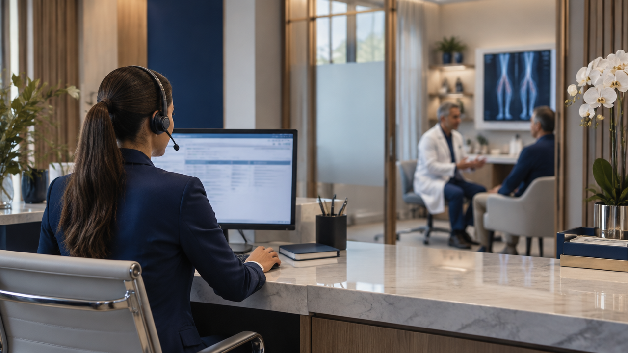 Equipe de clínica vascular organizando o primeiro contato e a consulta médica