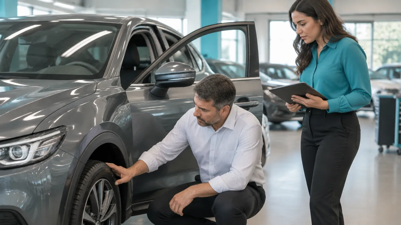 Equipe de concessionária inspeciona um carro usado enquanto consulta dados em um tablet