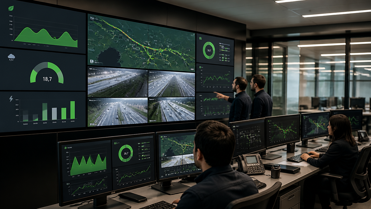 Equipe de concessionária monitorando indicadores ESG e operacionais em sala de controle