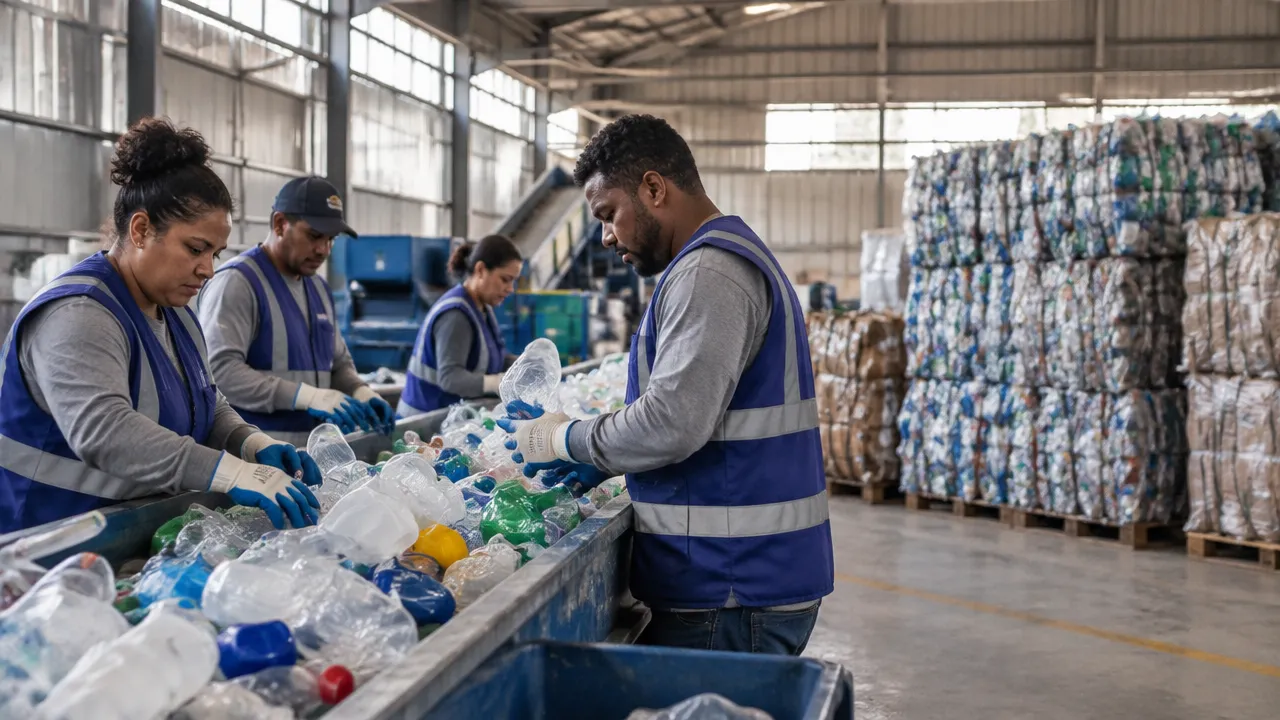 Equipe de cooperativa separa embalagens plásticas pós-consumo para fornecimento à indústria recicladora