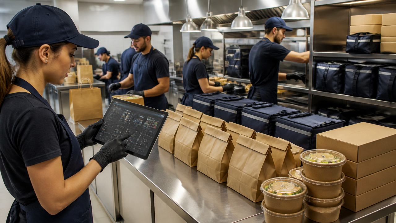 Equipe de cozinha organizando pedidos de delivery com foco em agilidade e controle operacional.