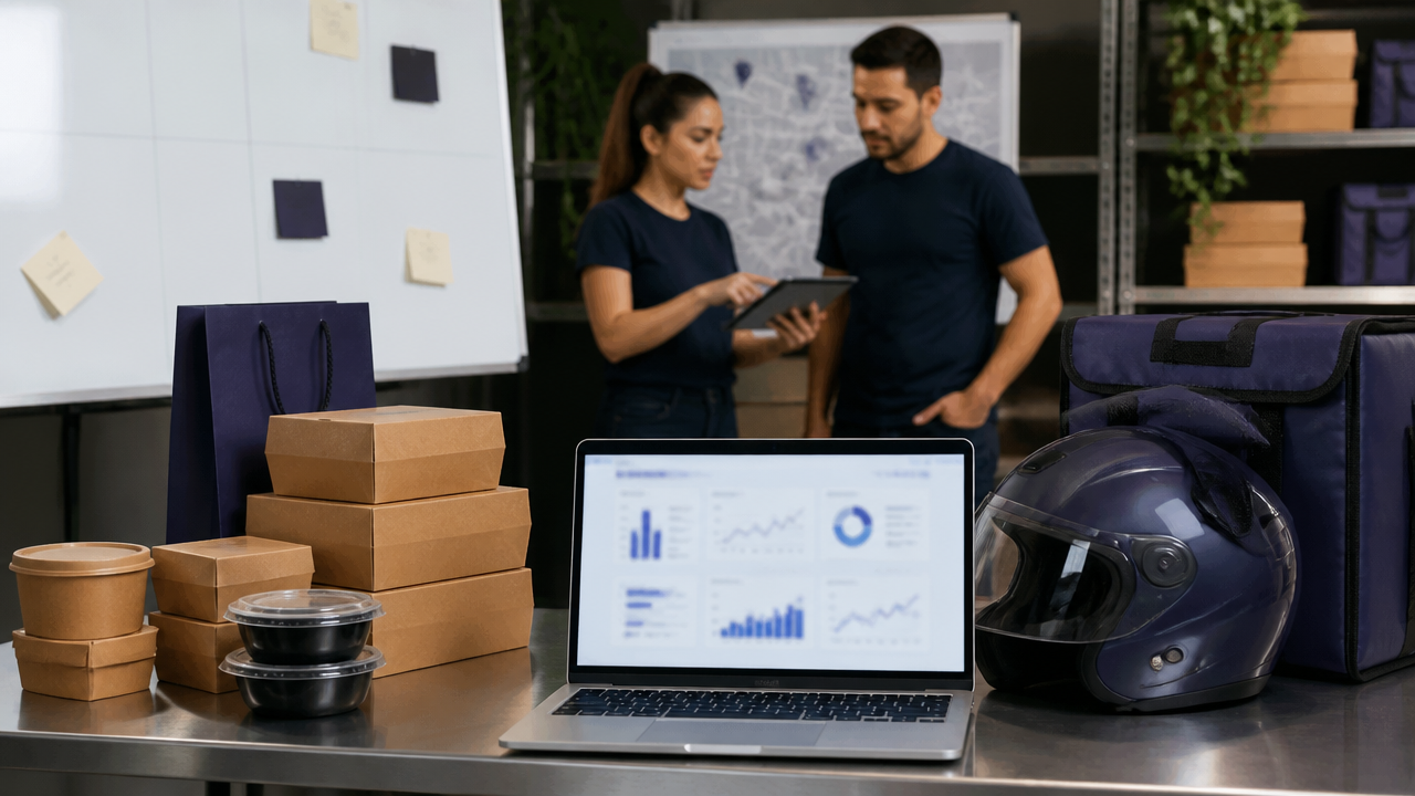 Equipe de delivery acompanhando indicadores, rotas e organização das entregas em restaurante.