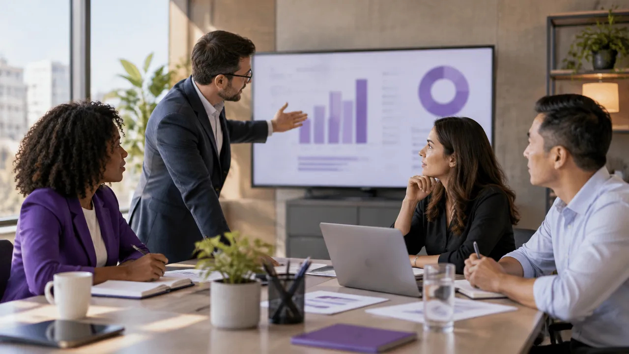 Equipe de diferentes áreas discutindo uma decisão de compra empresarial em uma reunião