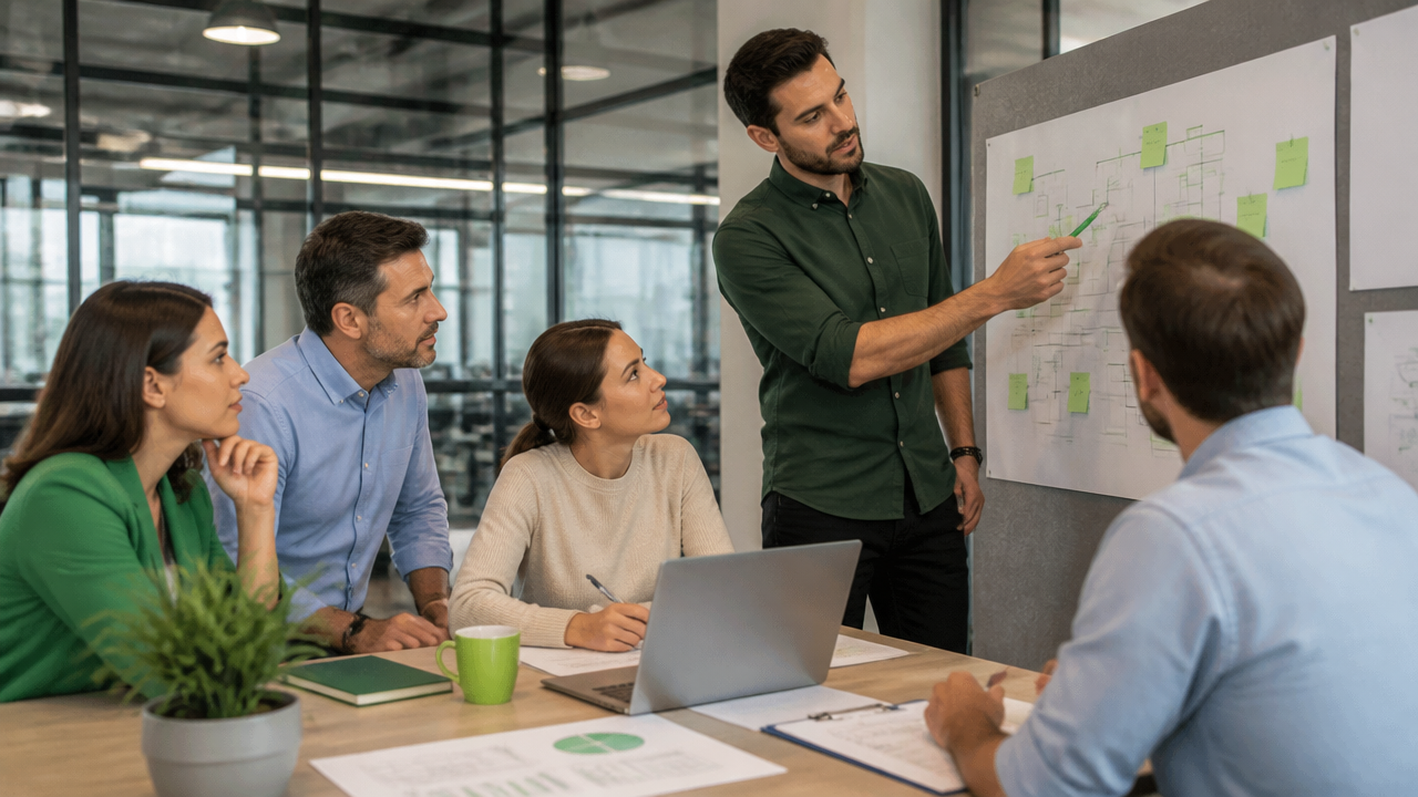 Equipe de empresa revisando processos e checklist de qualidade em reunião prática