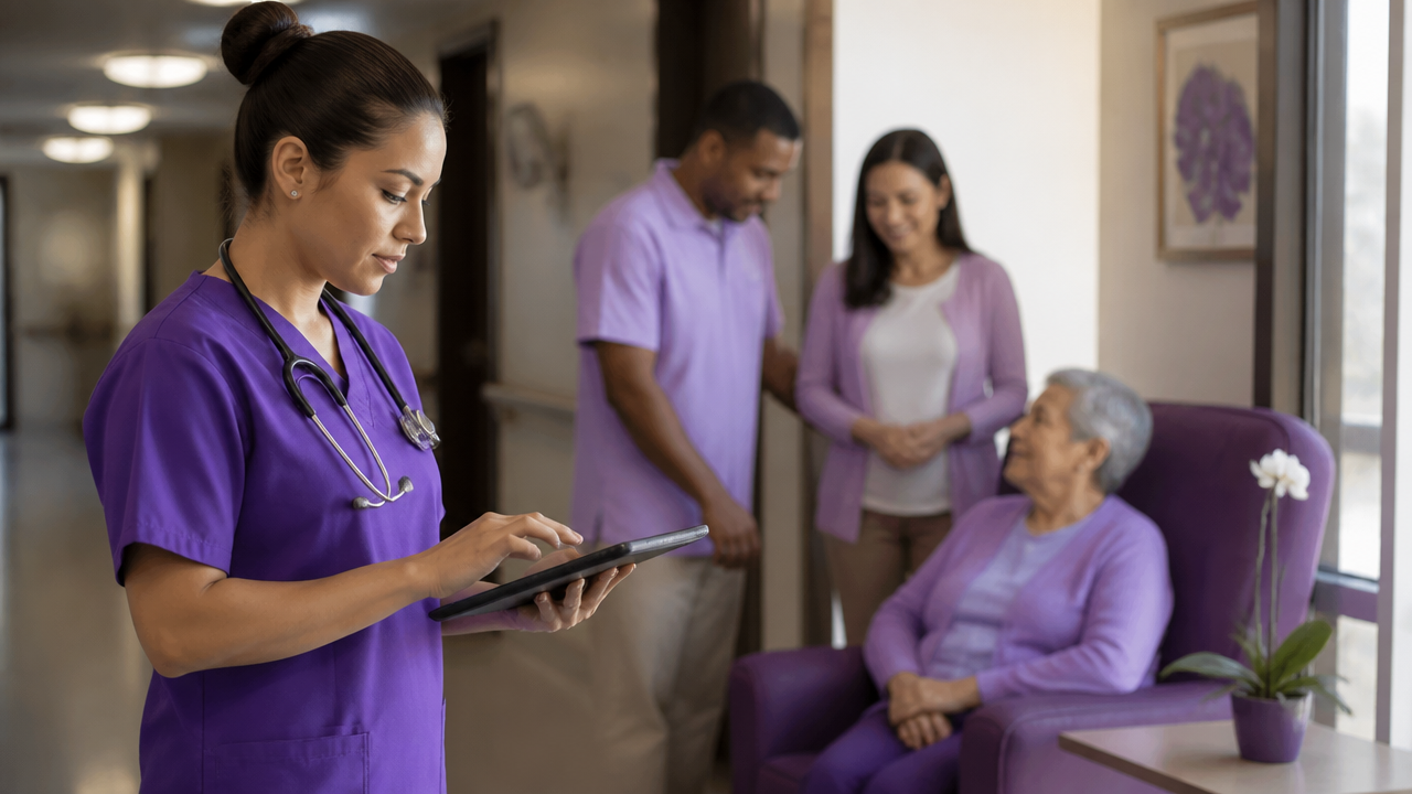 Equipe de enfermagem registrando cuidados e eliminações intestinais em instituição de longa permanência