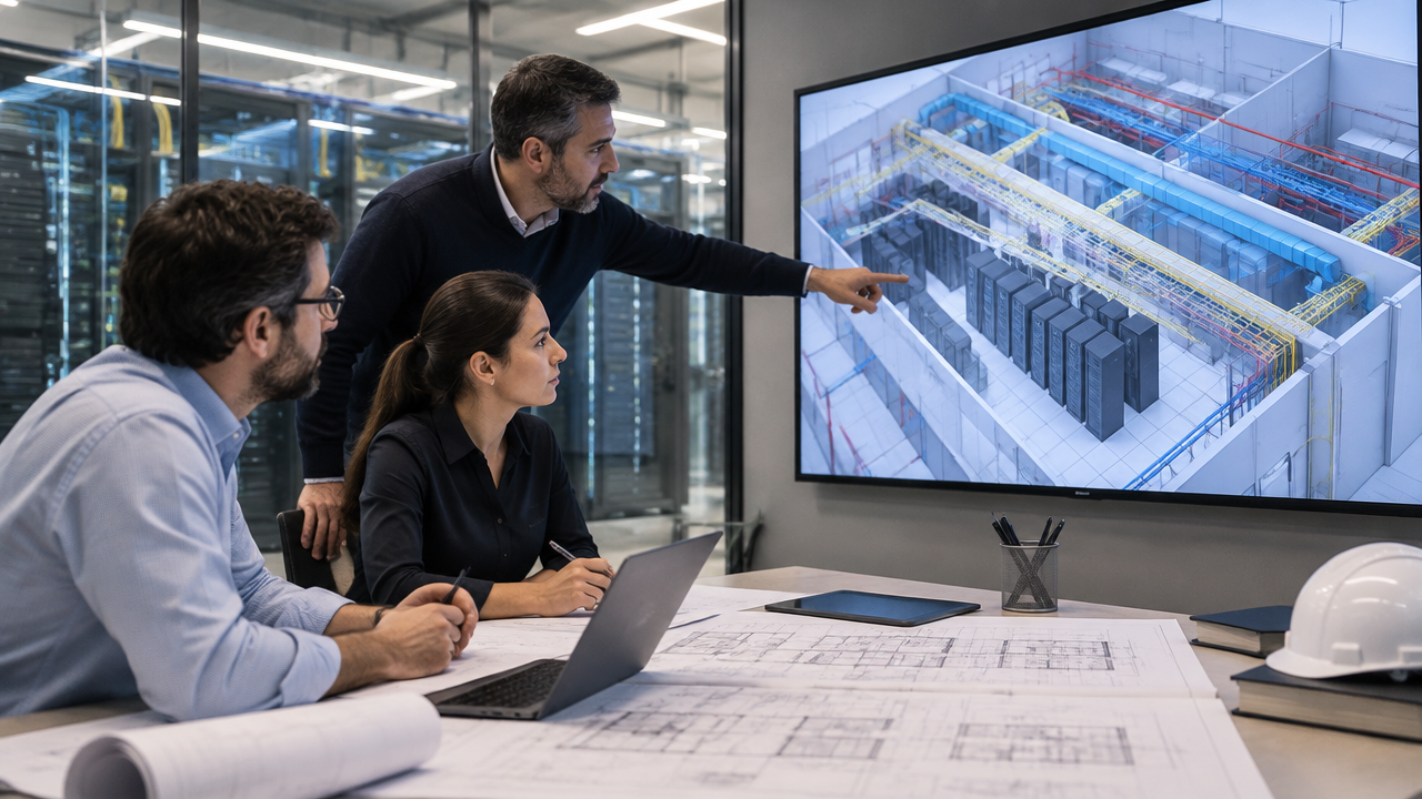 Equipe de engenharia coordena modelos digitais e desenhos técnicos para planejar a infraestrutura de um data center