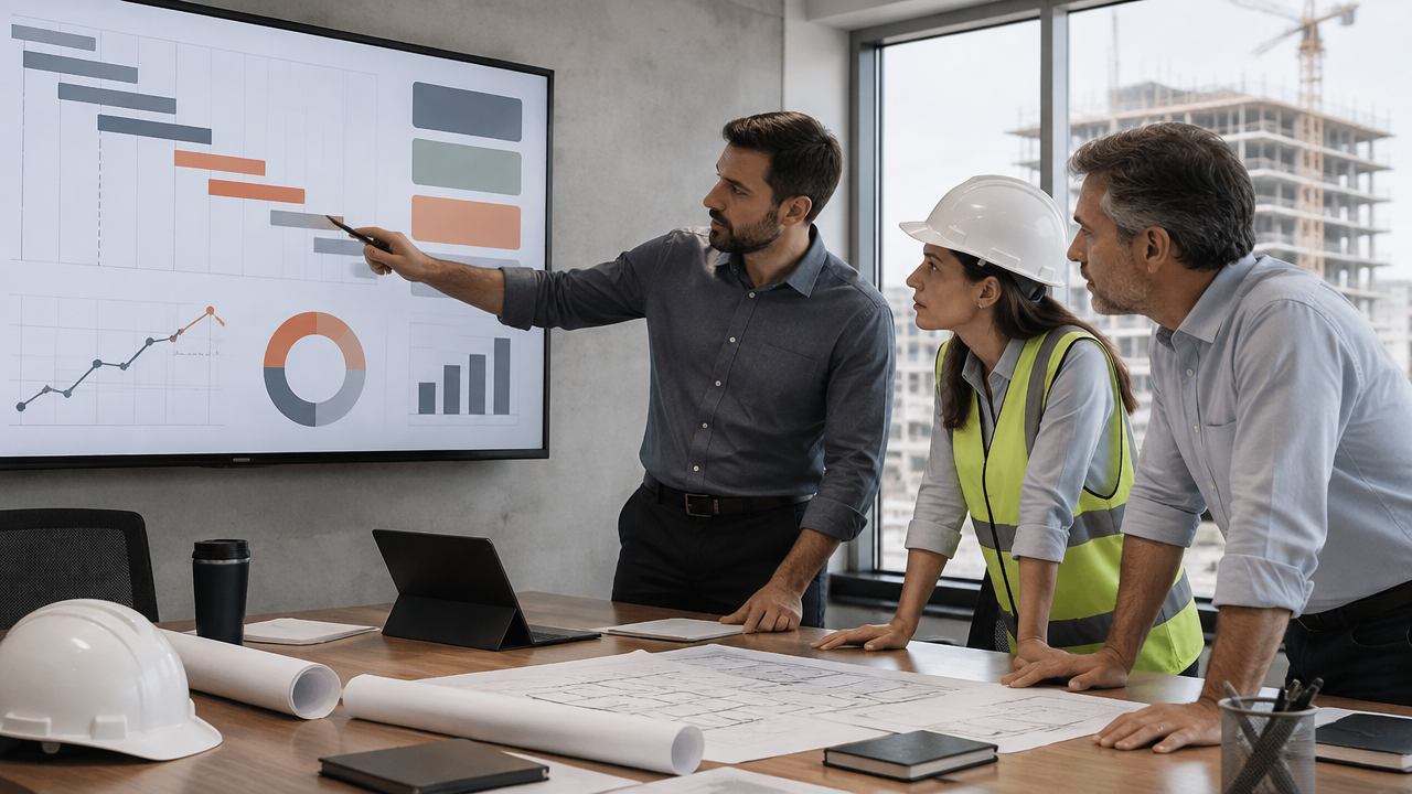 Equipe de engenharia revisa um painel visual de indicadores e prioridades da obra