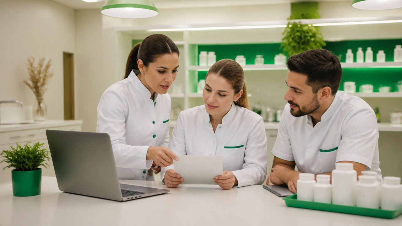 Equipe de farmácia de manipulação em treinamento de atendimento e vendas consultivas