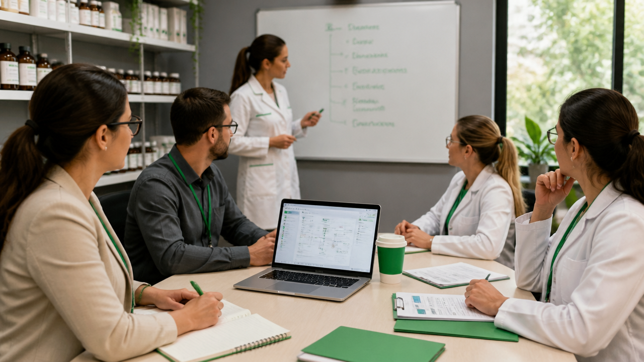Equipe de farmácia de manipulação se preparando para novos processos de cadastro e compliance