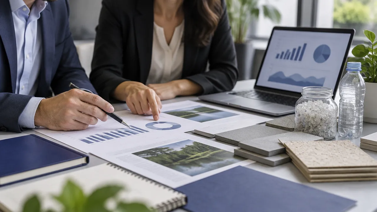 Equipe de finanças e sustentabilidade revisa documentos e indicadores de um projeto de reciclagem