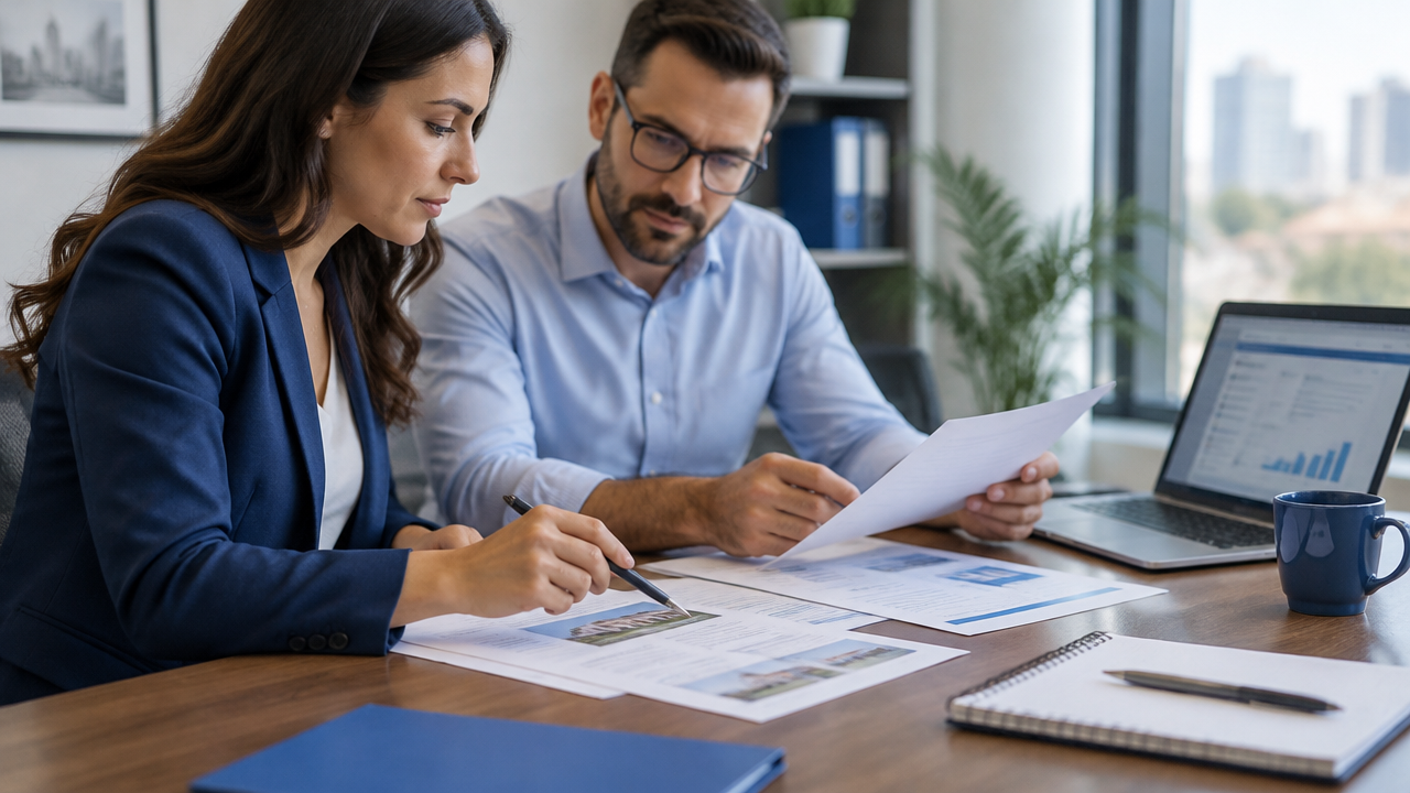 Equipe de imobiliária confere cadastros de proprietários, contratos e relatórios de aluguel durante a preparação operacional