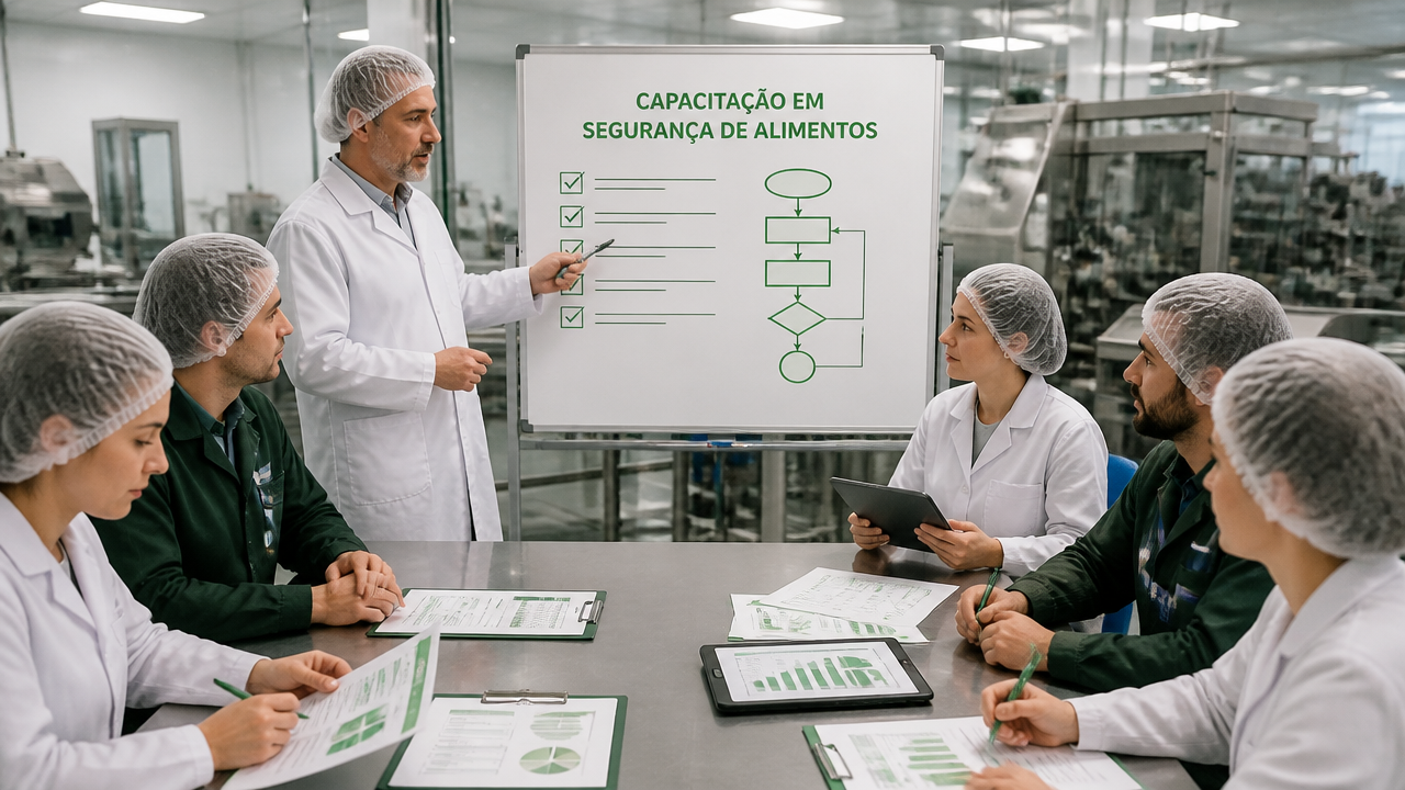 Equipe de indústria de alimentos em treinamento técnico sobre requisitos de segurança e qualidade