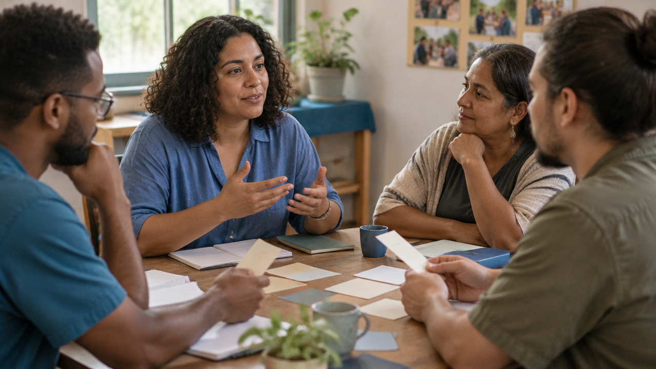 Equipe de iniciativa comunitária conversa e reflete sobre aprendizados em uma reunião de avaliação