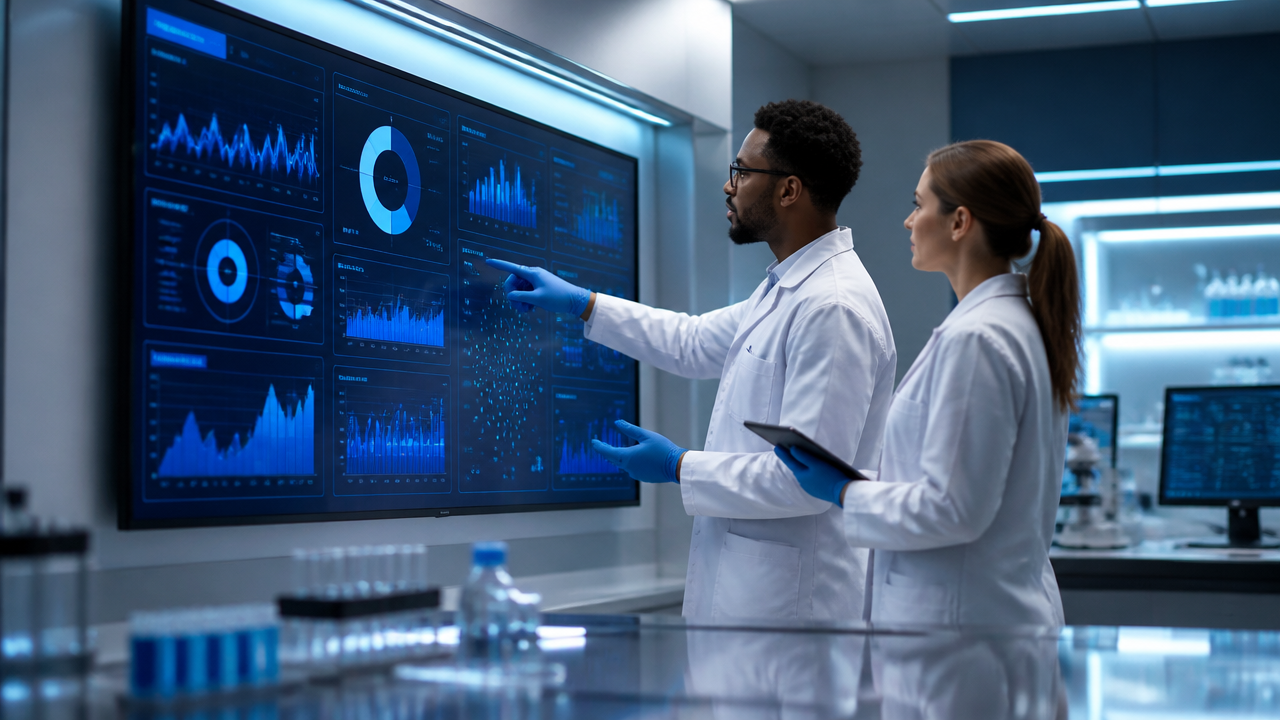 Equipe de laboratório acompanhando painel operacional com alertas inteligentes e tendências de risco