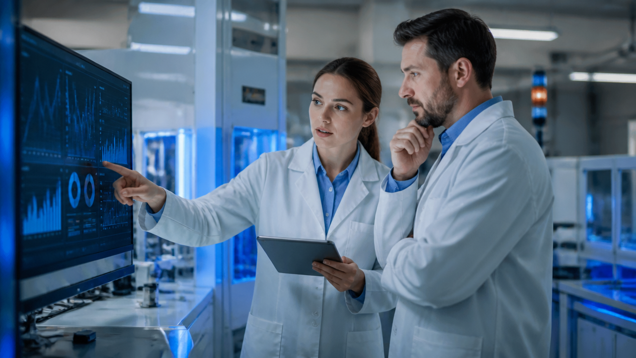 Equipo de laboratorio analizando datos para prevenir fallos en equipos automatizados