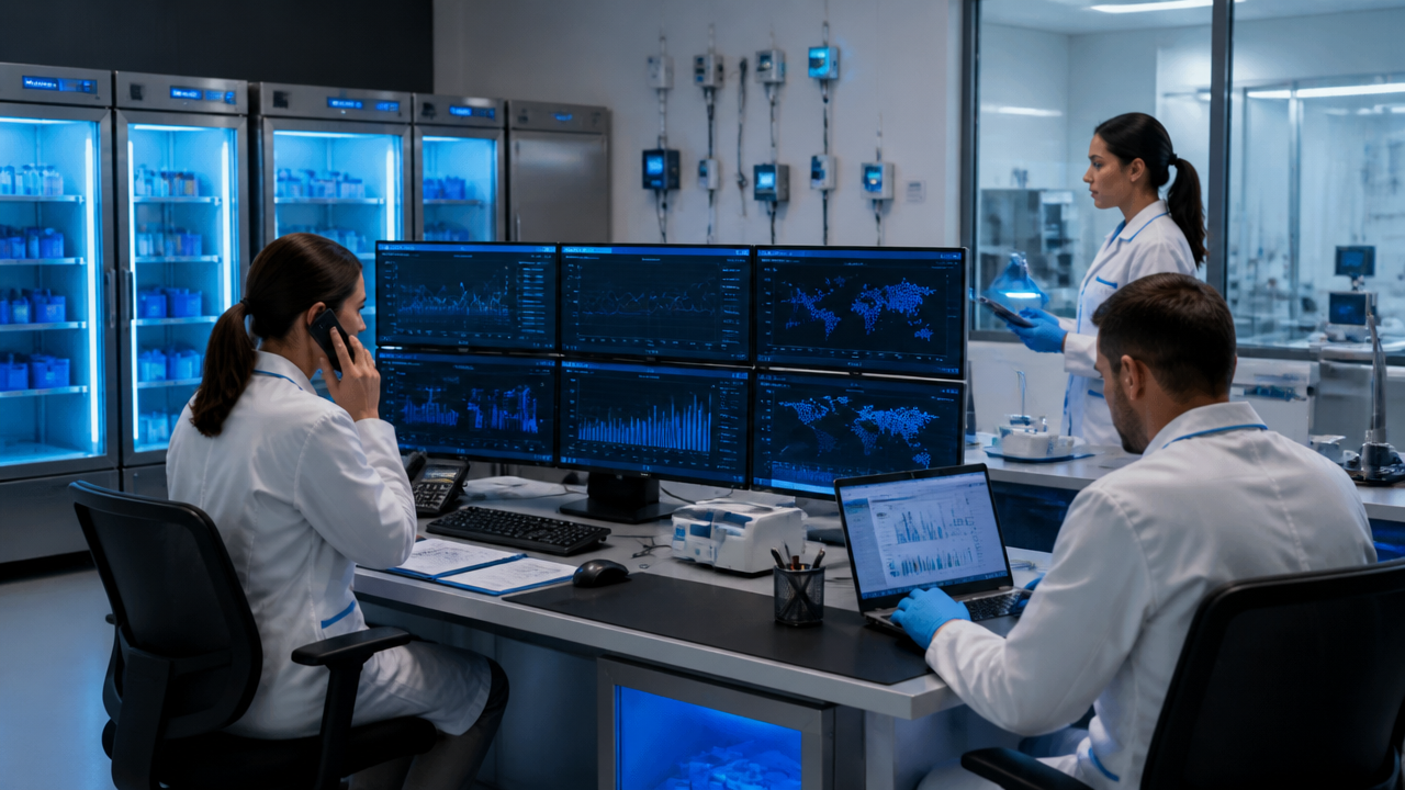 Equipe de laboratório coordenando resposta a alertas em central operacional