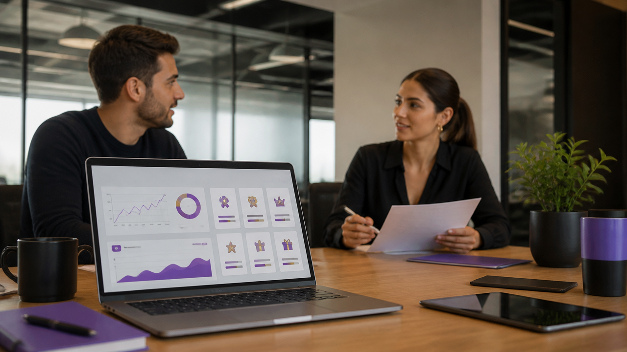 Equipe de marketing analisando um programa de creators e afiliados com metas, níveis e recompensas em um escritório moderno