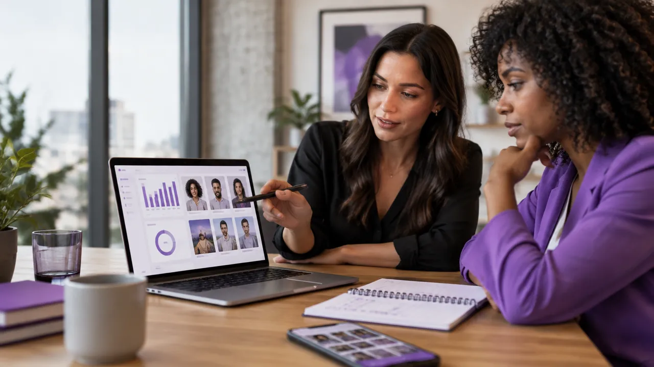 Equipe de marketing avaliando dados e opções de parceria com criadores de conteúdo