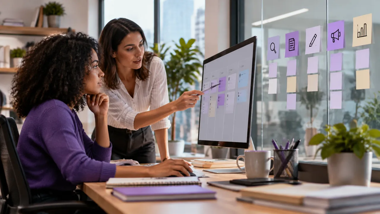 Equipe de marketing comparando etapas de um fluxo editorial em uma tela e cartões de planejamento