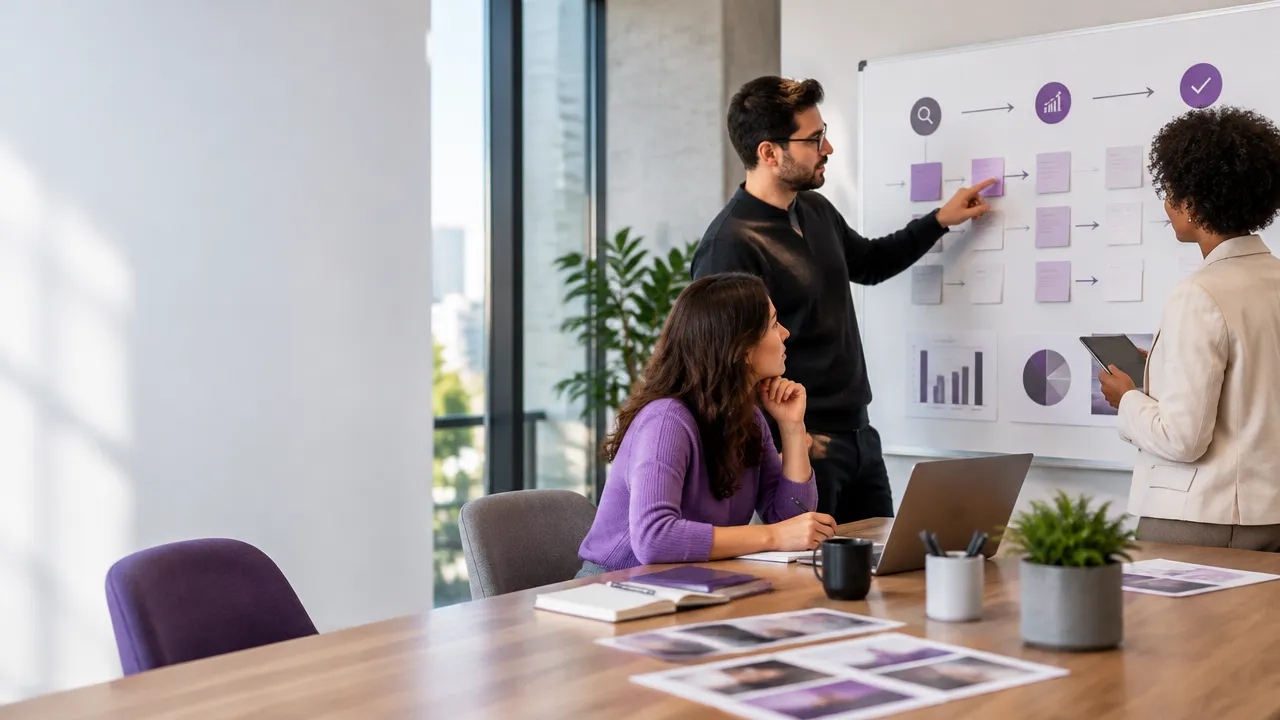 Equipe de marketing e vendas planejando uma estratégia de conteúdo B2B em uma reunião