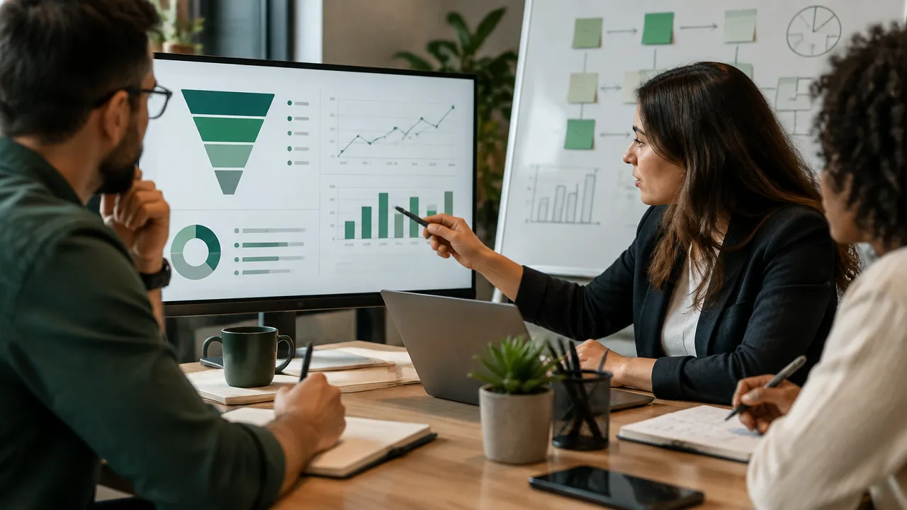 Equipe de marketing e vendas revisando métricas do funil e definindo ações de receita