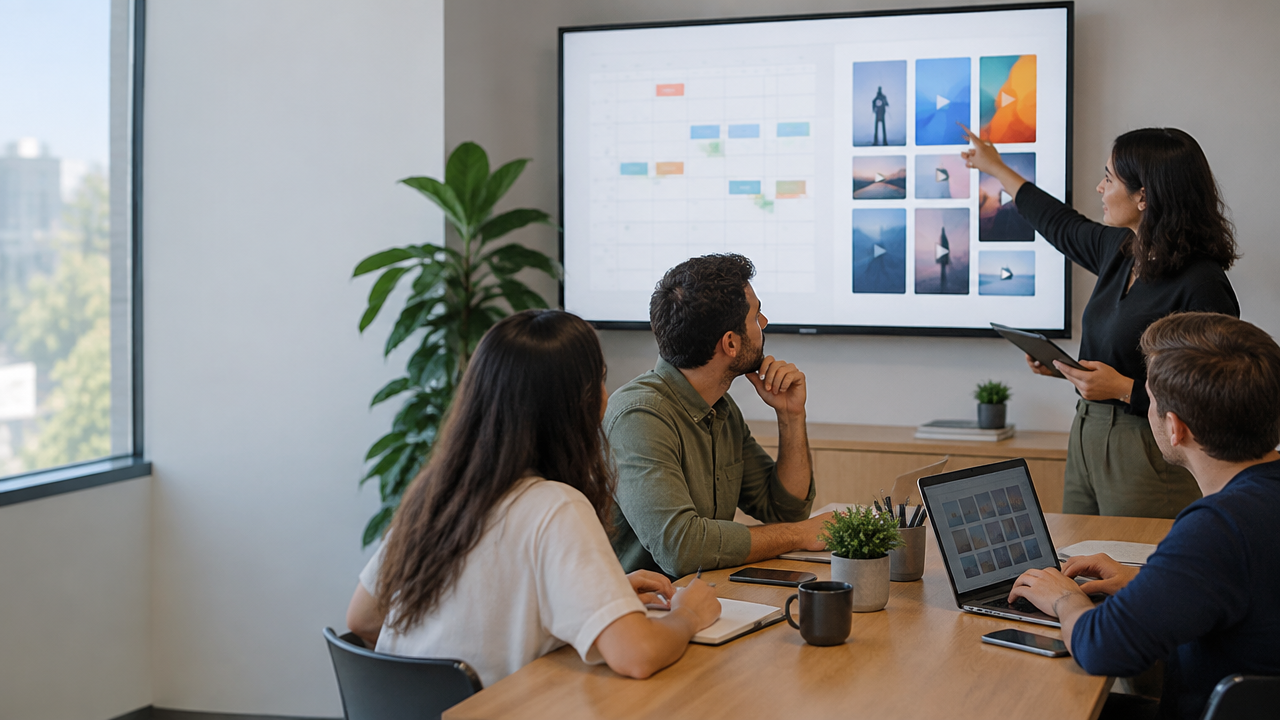 Marketing team organizes together the short video publication calendar