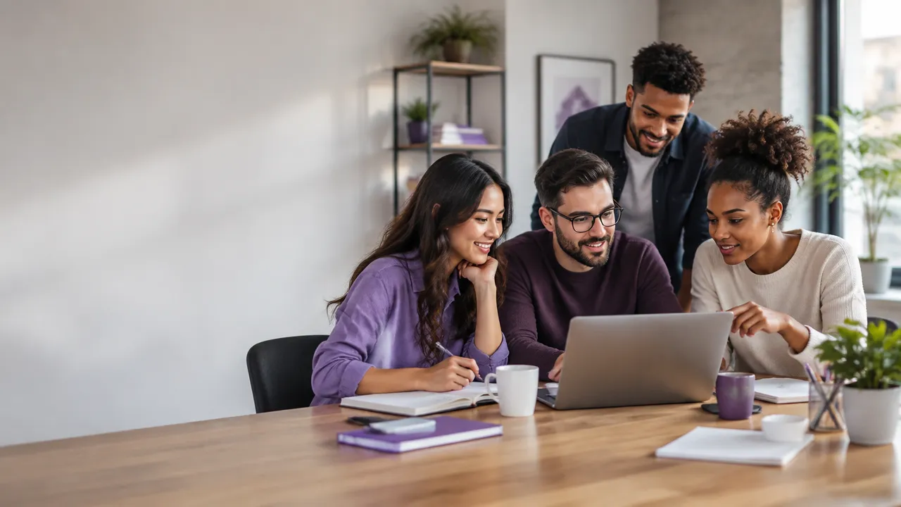 Equipe de marketing planejando artigos e conteúdos digitais ao redor de um laptop